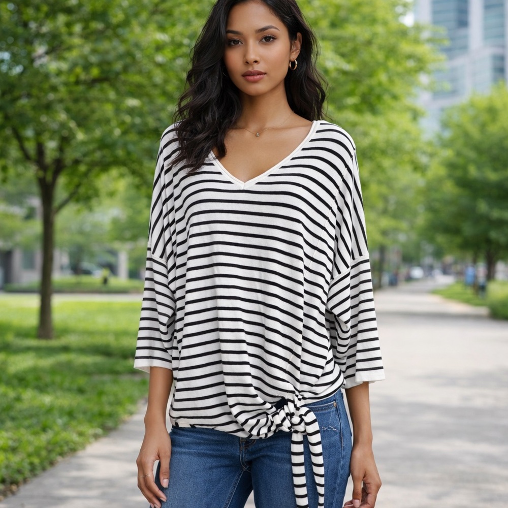 Time Tru Stylish Striped V-Neck Long Sleeve Top Sz XXXL